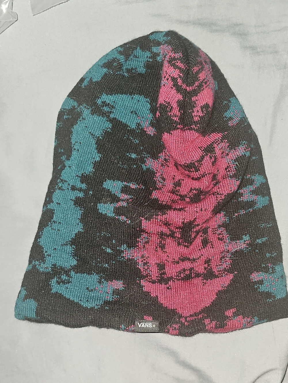 Vans Black Beanie with Teal and Pink Abstract Pattern